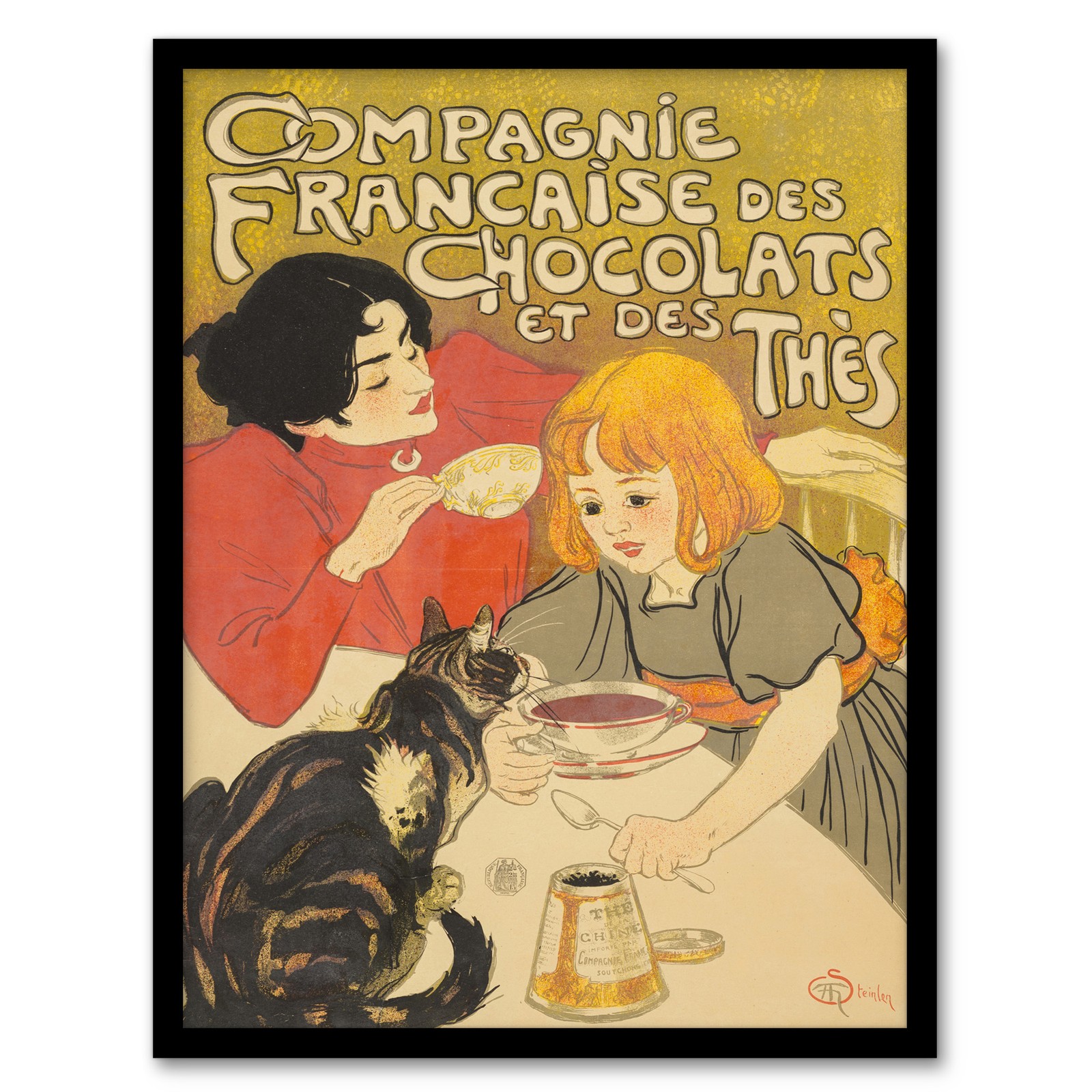 Wandbilddruck Schokolade und Tee französisch Vintage Werbung Steinlen gerahmt A3/A4