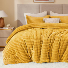 Fleece Queen Comforter Set -Super Soft  Warm Fluffy Mustard Yellow Bedding, Lux