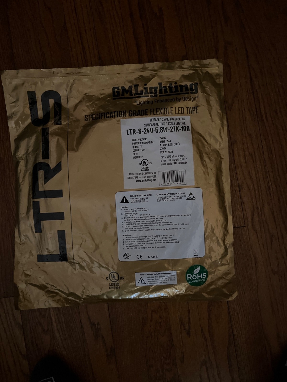 GM Lighting LTR-S-24V-5.8W-27K-100, Specification Grade Flexible LED Tape, 100’