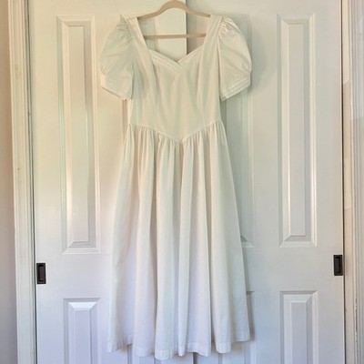 Laura Ashley Vintage White 100% Cotton Puff Sleeve Cottage Midi Dress Size 14