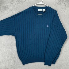 VINTAGE Izod Sweater Crewneck Mens Large Blue Cable Knit Long Sleeve Made In USA