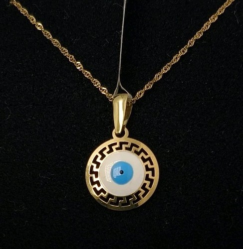 Anhänger Und Kette Gold 18K 750 Mls. Auge Türkisch 12,5 MM Emailliert Mit Greca - Bild 1 von 6