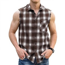 Men Plaid Sleeveless Shirt Casual Flannel Button Down Shirts Vest Shirt Coffee