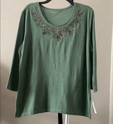 Croft & Barrow women s Green beaded Blouse with 3/4 sleeves Size Large NWT