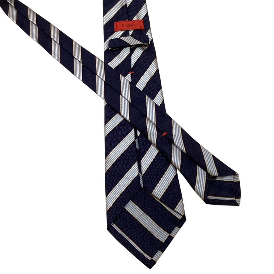 Corbata de seda para hombre ISAIA Napoli SEVENFOLD ITALIA de lujo a rayas azul/blanco usada en excelente estado Foto 3 de 4