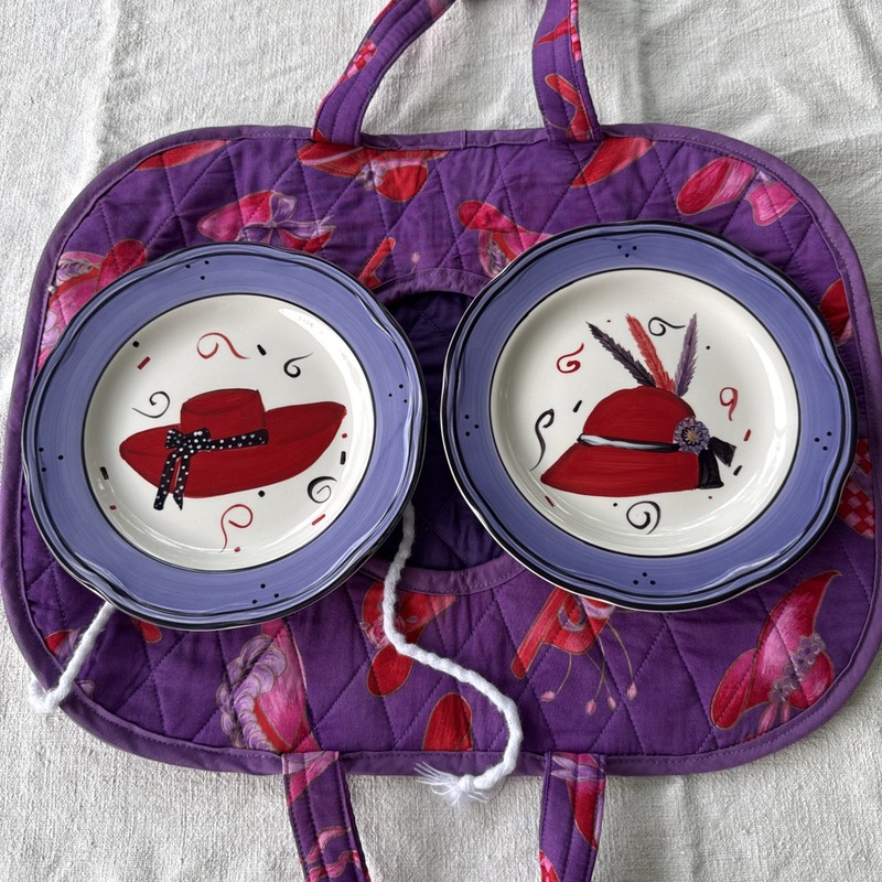 Red Hat Society Lot Of 2 Hand painted Plates And Casserole Carrier