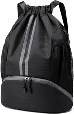 Hoedia Sports Drawstring Backpack - String Swim Gym Bag with Large, Black 