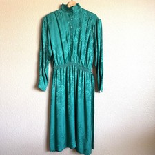 Vintage Silk Studio 100% Silk Teal Floral Jacquard Midi Dress Sz 12 Elastic Wais