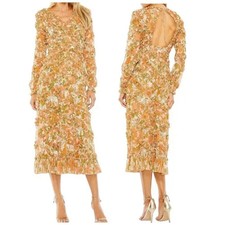 Mac Duggal Orange Multi Floral Print Cutout Back Tea-Length Dress Size 4 $598