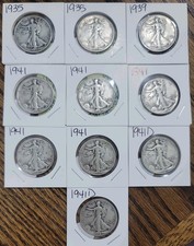 Walking Liberty Silver Half Dollars Lot of 10, Circulated 90 Silver