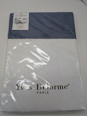 Yves Delorme Cocon White Queen Flat Sheet Blue Border Egyptian Cotton France NEW