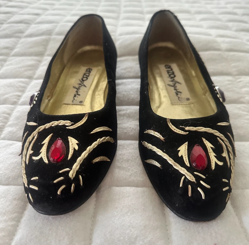 Vintage ENZO ANGIOLINI Mujer Pisos 5.5 Negro Terciopelo Joya Adornado Retro Años 80 Foto 3 de 4