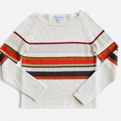 Vintage Calvin Klein Ivory Tone Fall Orange Brown Striped Boat Neck Sweater L