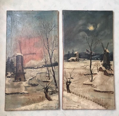Tableaux anciens, huiles sur toile, paysages enneigés , moulins , signés . - Photo 1/2