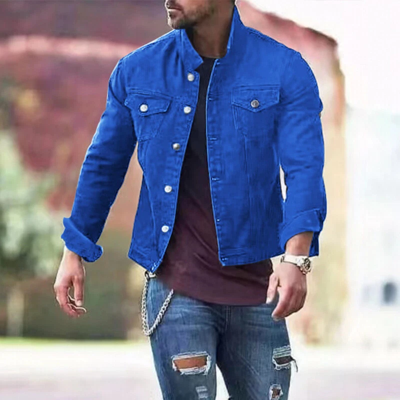 Men Solid Color Denim Jacket Spring Autumn Tops Coat Casual Slim Workwear ♡ - Image 3 of 4