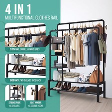 120KG Heavy Duty Clothes Rail Garment Shoe Rack 2Hanging Rods 4 Storage Shelves