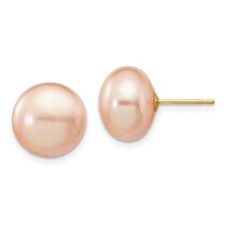 11-12mm 14k Gold 11-12mm Pink Button Freshwater Cultured Pearl Stud Earrings