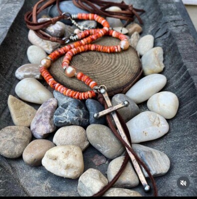 Deeta By Design copper cross necklace spiny oyster turquoise beads Southwestern