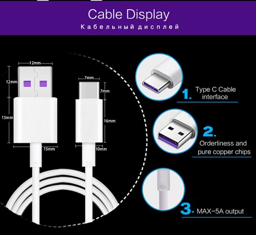 Original Super Charging Charger 5A USB Type-C Cable Huawei P20Pro Mate 10Pro - Picture 9 of 14