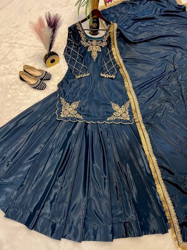 Unique Designer Blue Crepe Silk Top Lehenga With Dupatta For Function - Picture 3 of 14