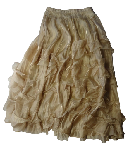 Free People L Chevelle Skirt Gold Metallic Ruffle Full A-Line Elastic Maxi EUC