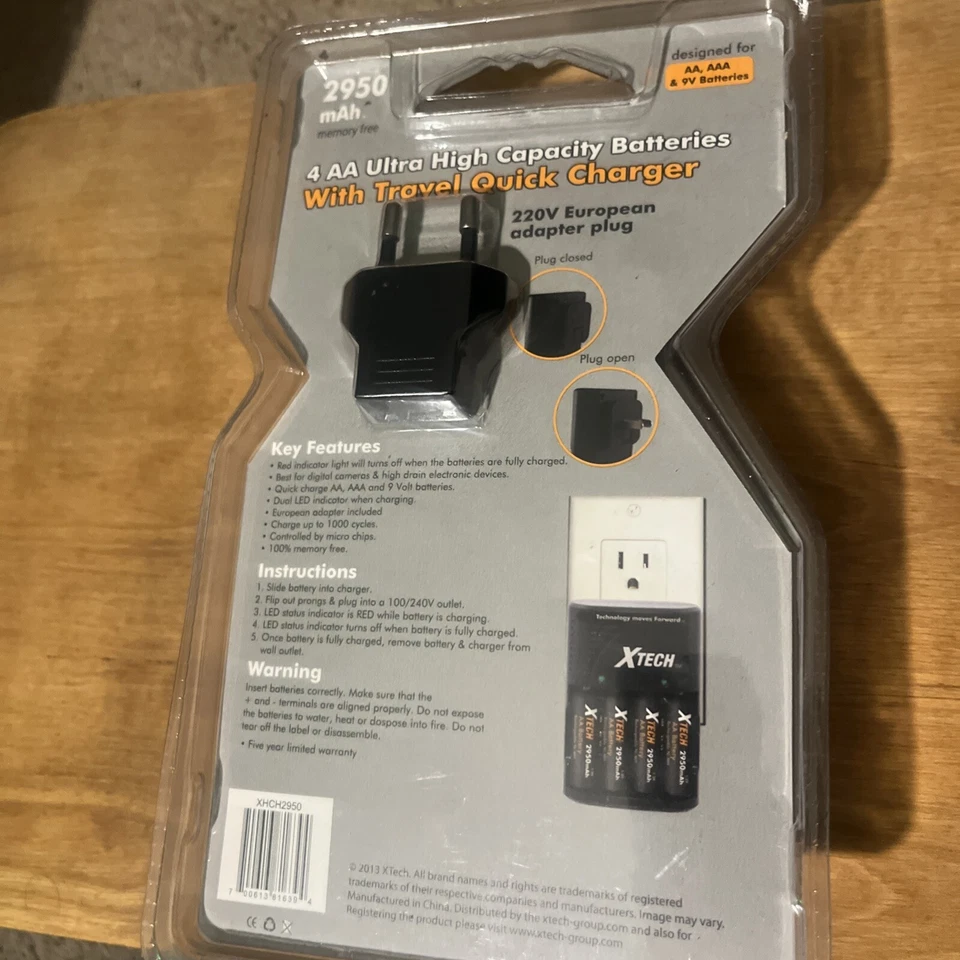 XTECH 4 AA 2950mAh Batteries& Travel Quick Charger + 220V Euro Adapter Plug NEW - Image 2 of 2