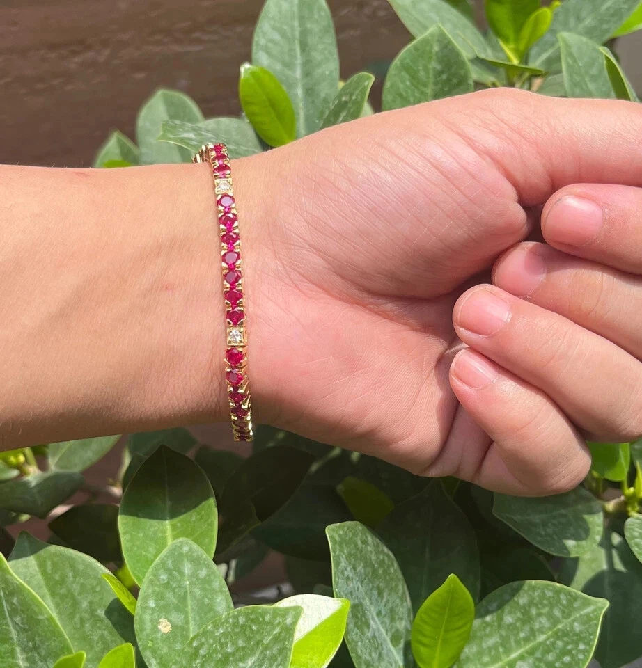10Ct Round Natural Red Ruby Diamond Women's Tennis Bracelet 14K Yellow Gold 7.5" - Image 3 of 4