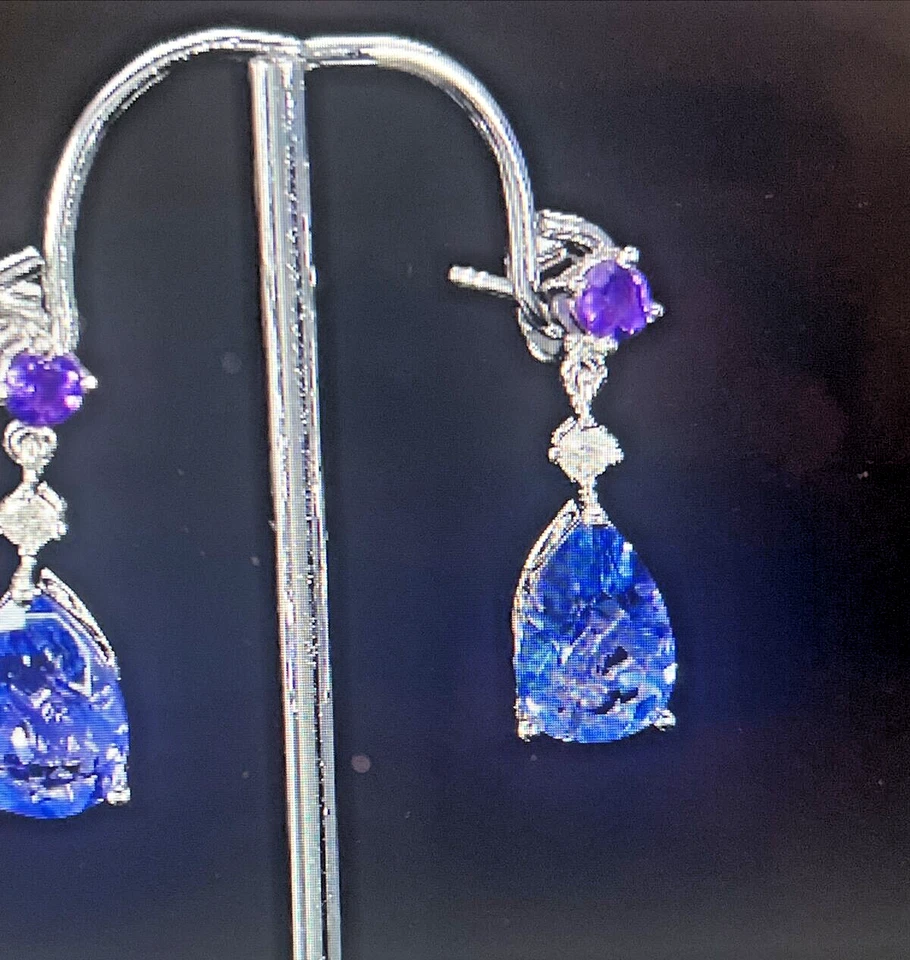 Pendientes colgantes de fluorita, amatista y circón blanco cambio de color rodio sobre plata Foto 4 de 4