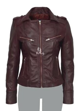 Ladies Leather Jacket Cherry Biker Style Tops Genuine Leather Slim fit Jacket
