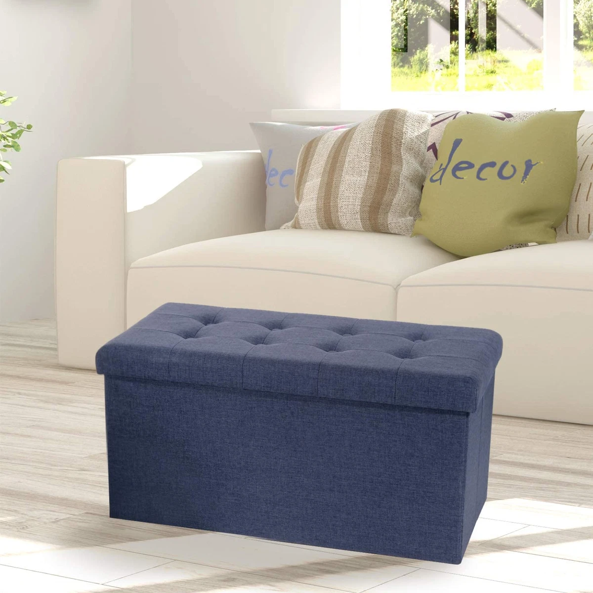 Cushioned Fabric Ottoman Hidden Storage Chest Footrest Chair Padded Seat for Be