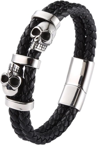 Pulsera Calavera Acero Inoxidable Cuero Trenzado Esqueleto Pulsera Punk Joyería - Imagen 27 de 35