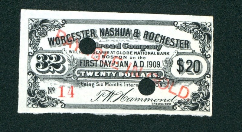 1909 $20 (AU) Worcester, Nashua & Rochester Railroad Co. Bond CURRENCY