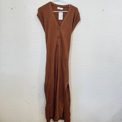 NWT Mable Sleeveless Dress Womens Medium Rusty-Brown Slits Knit Buttons 