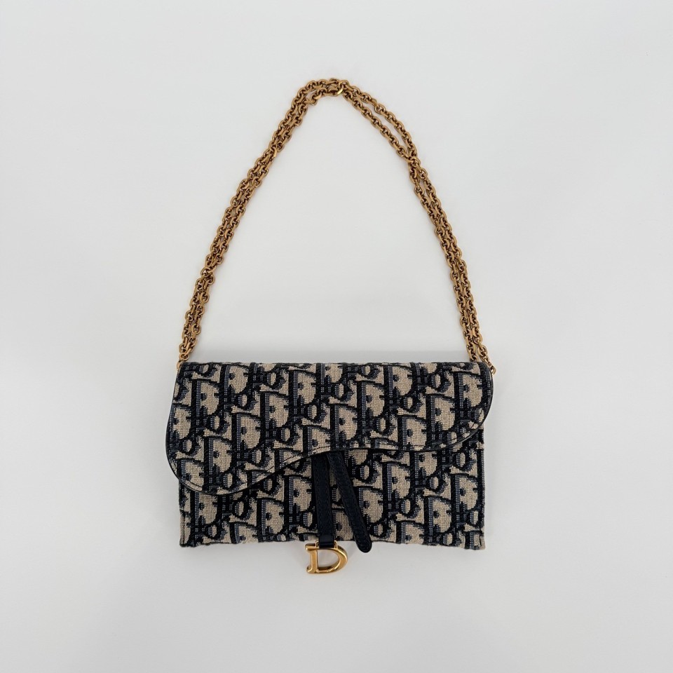 Dior Small Saddle Pouch With Chain Blue Oblique Jacquard Luxury Designer Clutch