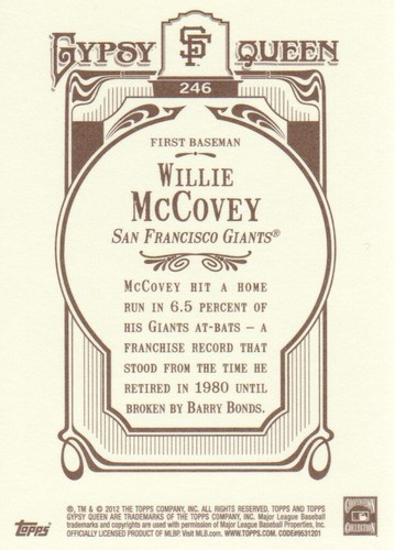 2012 Topps Gypsy Queen Baseball #246 Willie McCovey - Picture 2 of 2