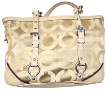 Coach Gallery Op Art Sateen Signature Tote Shoulder Bag Khaki Tan Purse F14708