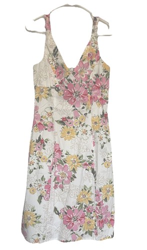 Eddie Bauer Women's Midi White In Floral Pink Dress Zip Up Knot Strap Sz 4 - Picture 2 of 5