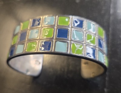 VINTAGE SILVER-TONE METAL CUFF BRACELET CHECKBOARD GRID PATTERN SIGNED ''BEST''