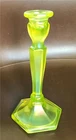1920s Fenton 449 Florentine Iridescent Vaseline Uranium Glass Candle Stick 8.75"