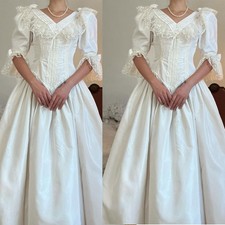 Vintage Victorian Stain Wedding Dress Puff Sleeve Ruffled A Line Bridal Gowns