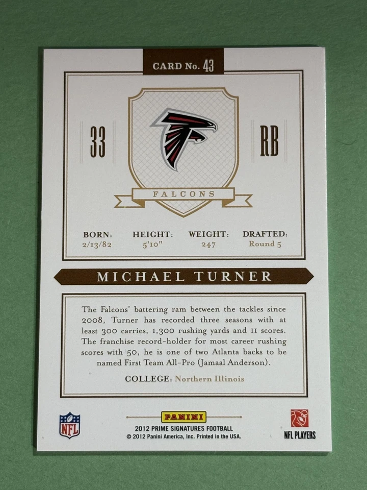 Michael Turner 2012 Panini Prime Signatures #/499 Atlanta Falcons #43 S436 - Image 2 of 2