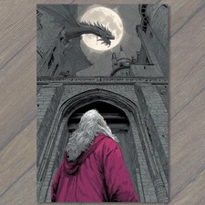 Art Print Wizard Cloak Moon Dragon Castle Gothic Fantasy Tower Skies Magic Gaze