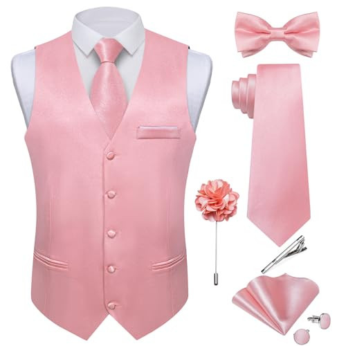Mens Satin Suit Vest and Tie Set 8PCS Solid Waistcoat and Large Blush Pink - Picture 1 of 6