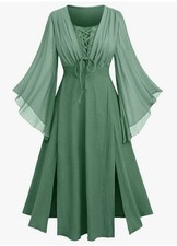 Medieval Renaissance, Hobbit-style dress, long flutter sleeves, lace-up corset.