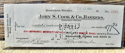 1919 GOLDFIELD, NEVADA JOHN COOK BANK CO RE-ORG ''CRACKER JACK MINING CO'' CHECK