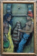 Piccolo dipinto ad olio di due ragazze orientali ad una fontana