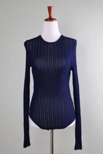 RONNY KOBO $385 Blue Semi Sheer Textured Knit Bodysuit Sweater Top Size Small