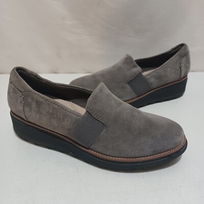 Clarks Sharon Dolly loafers comfort shoes gray suede wedge