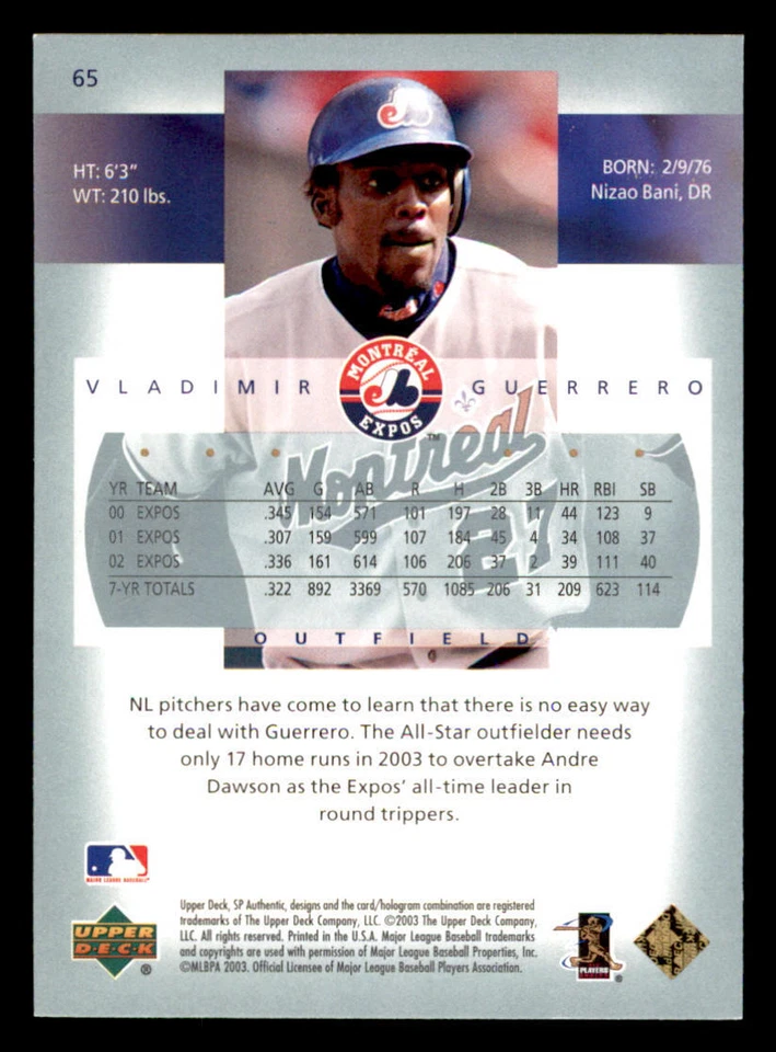 2003 SP Authentic #65 Vladimir Guerrero - Image 2 of 2