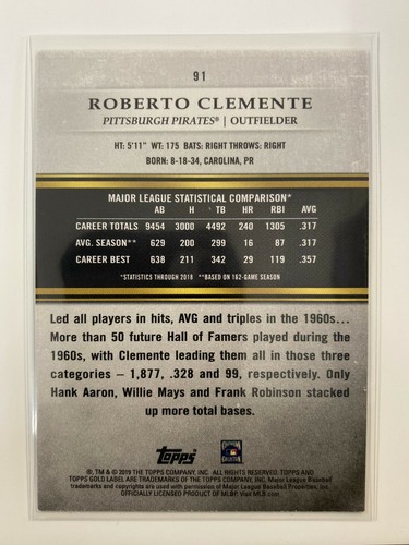 2019 Topps Gold Label #91 Roberto Clemente SL@MJ3 - Picture 2 of 2